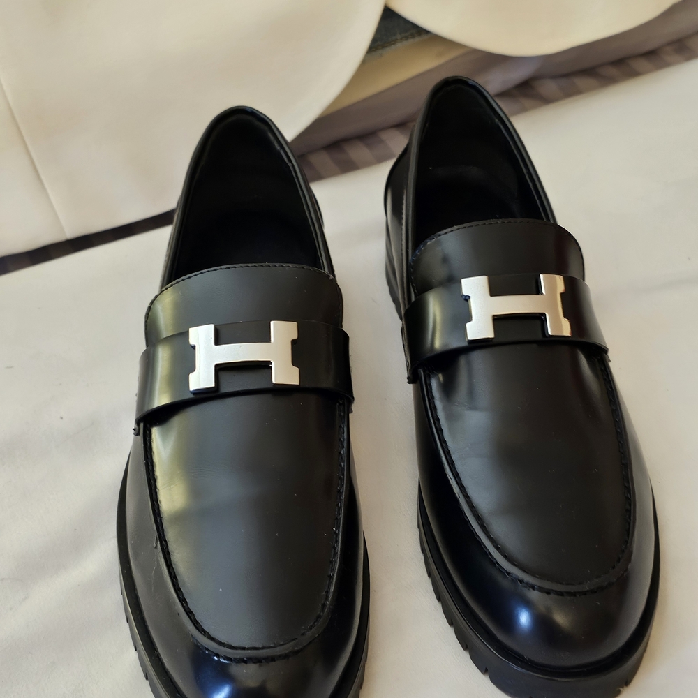 Hermes Black Leather Loafers with Silver H Buckle